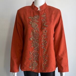 Indigo Moon Embroidered Jacket XS Boho Cotton Mandarin Collar Orange Artisan